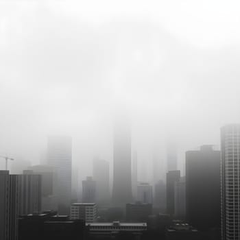 A monochrome depiction of an urban skyline enveloped in foggy weather, highlighting silhouettes and a mysterious atmospheric mood.