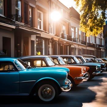 A charming street lined with parked vintage cars basking under soft sunlight, creating a nostalgic and peaceful ambiance.