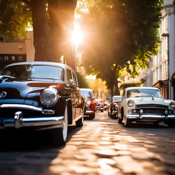 A charming street lined with parked vintage cars basking under soft sunlight, creating a nostalgic and peaceful ambiance.