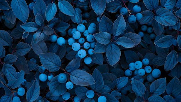 Blueberries, a type of flowering plant, are nestled among electric blue leaves, creating a striking pattern in the aqua surroundings