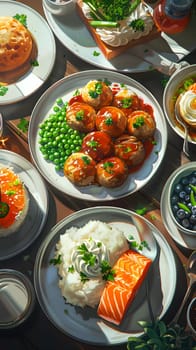 The table is adorned with an array of dishes showcasing various cuisines and ingredients. From natural foods to beautifully plated dishes, the tableware and garnishes enhance the dining experience