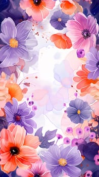 A vibrant array of purple, pink, and yellow flowers pop against a clean white background in this stunning photograph capturing the beauty of natures botanical organisms