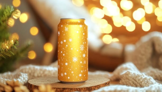 Golden aluminum can with winter snowflake design standing on wooden log, perfect for christmas celebrations