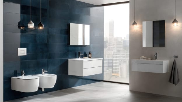 Luxurious bathroom featuring dark blue tiles, contemporary fixtures, and a stunning cityscape view