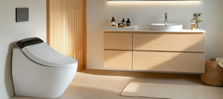 Luxurious and minimalist bathroom featuring a modern toilet and sink, showcasing contemporary design and elegance