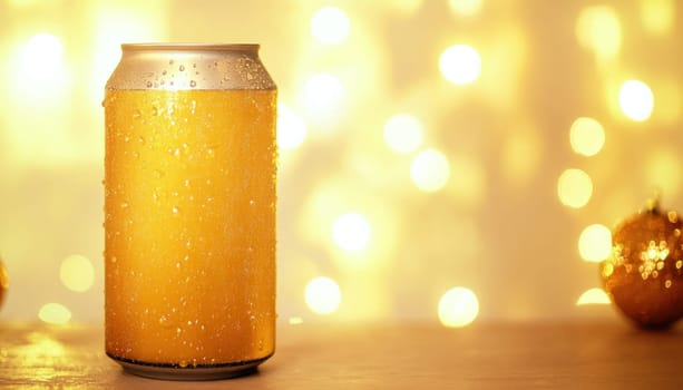 Golden aluminum can with condensation on a festive background with christmas lights and ornaments, perfect for celebrating the holidays
