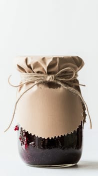 Glass jar of homemade berry jam covered with brown paper and tied with string on white background