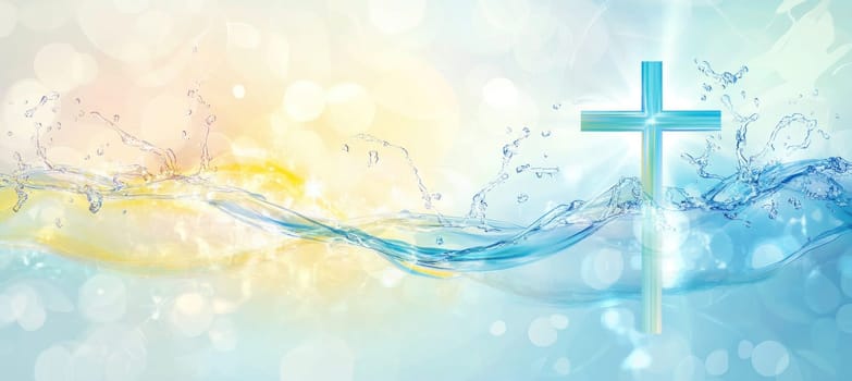 Glowing cross emerging from splashing water waves with bright bokeh background, symbolizing baptism, faith, and christianity