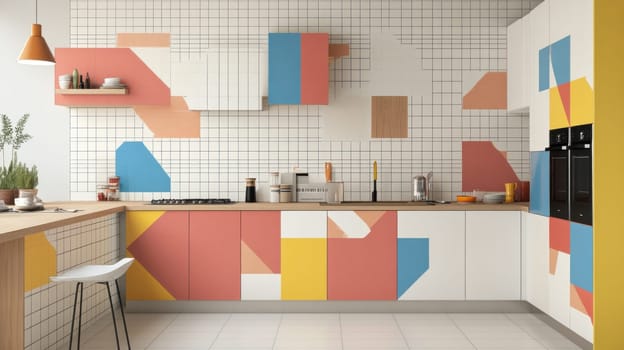 Geometric pattern adorns colorful cabinets and tiles in a contemporary kitchen design