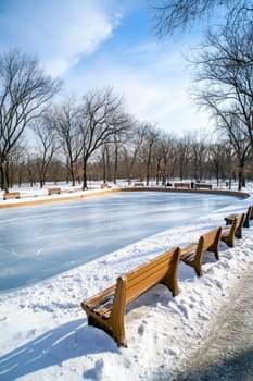Wooden benches covered in snow facing a frozen pond in a public park during winter