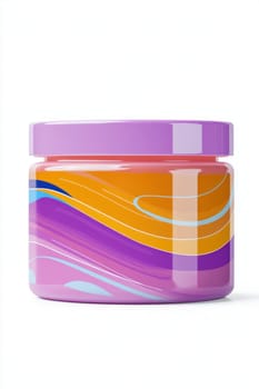 Cream jar packaging mockup with purple and orange swirls on white background, perfect for showcasing beauty or cosmetic products