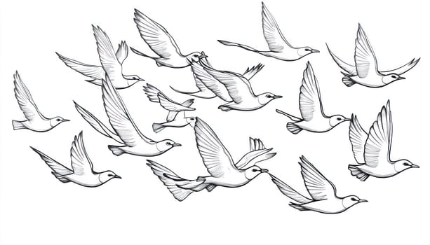 Pencil drawing of seagulls flying in formation, creating a dynamic and graceful scene against a clean white backdrop