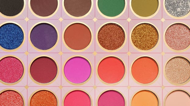 Close up view on bright colors make up palette set. Professional multicolor eyeshadow palette. Professional multicolor eye shadow make-up palette background.