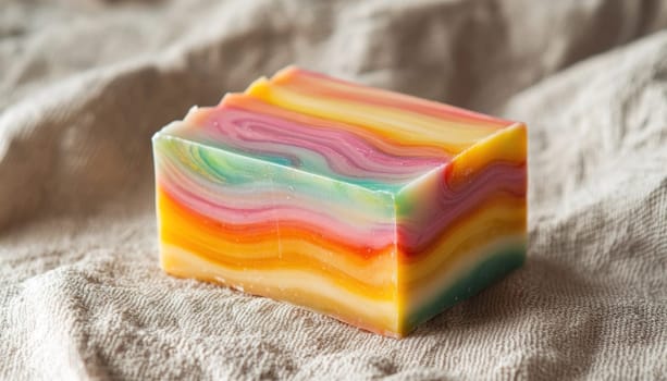 Colorful, layered soap bar sits on a textured linen cloth, ready for use