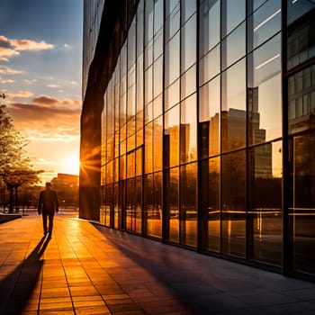 A beautiful golden hour photo capturing a pedestrian walking past a modern glass building, highlighting stunning light and reflections.