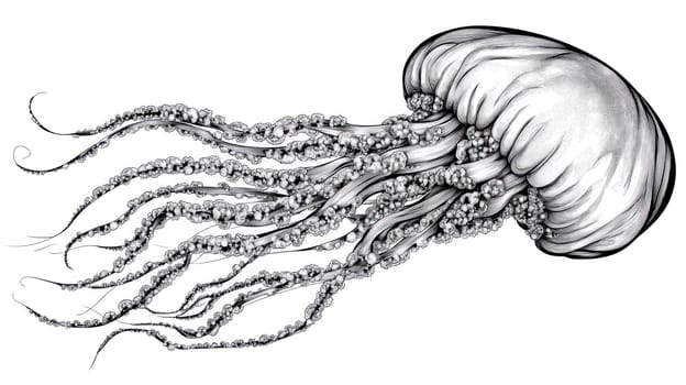 Realistic drawing of jellyfish swimming underwater, showcasing intricate details of its body and tentacles