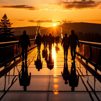 A beautiful golden hour photo capturing a pedestrian walking past a modern glass building, highlighting stunning light and reflections.