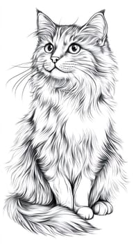 Black and white illustration of a fluffy long haired cat sitting and looking up with curiosity