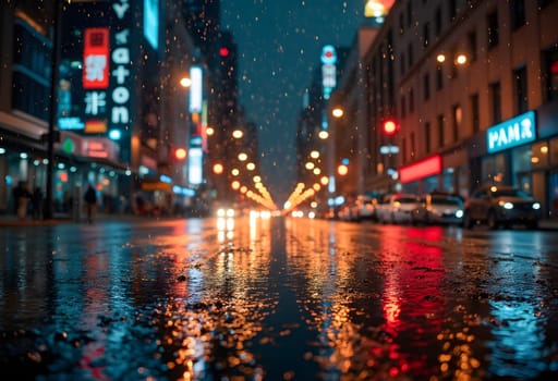 A dynamic shot capturing vibrant city lights reflecting on a wet street after rain, highlighting urban energy and atmospheric beauty.