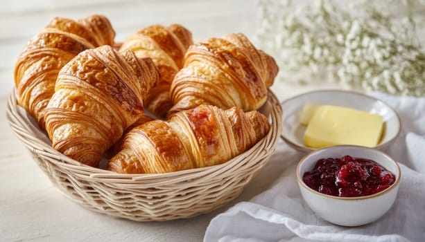 Golden brown croissants, arranged in a wicker basket, create an inviting breakfast scene alongside butter and jam