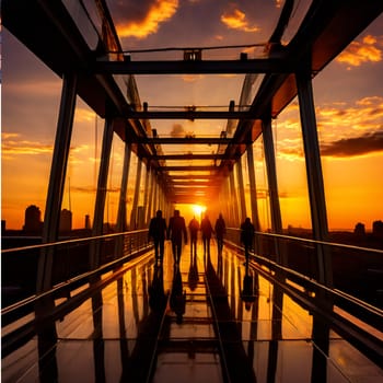 A beautiful golden hour photo capturing a pedestrian walking past a modern glass building, highlighting stunning light and reflections.