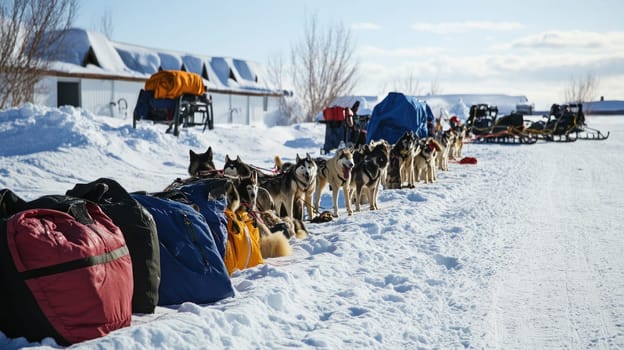 Team of sled dogs waiting in the snow near sled and equipment during a sunny winter day