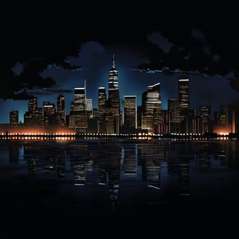 A stunning urban skyline at night showcasing striking contrasts between light and shadow, capturing the vibrant city atmosphere.