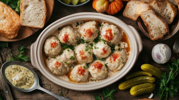 Konigsberger klopse, traditional german meatballs in creamy white sauce with capers, served with a side of crusty bread and pickled gherkins