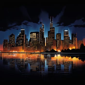 A stunning urban skyline at night showcasing striking contrasts between light and shadow, capturing the vibrant city atmosphere.