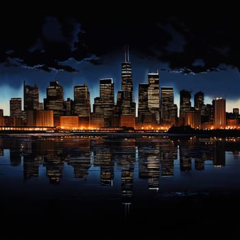 A stunning urban skyline at night showcasing striking contrasts between light and shadow, capturing the vibrant city atmosphere.