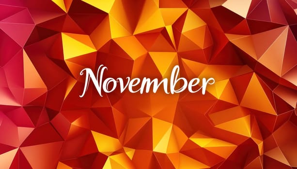 November written in white elegant calligraphy over a warm toned polygonal background, perfect for autumn and thanksgiving themed designs