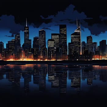 A stunning urban skyline at night showcasing striking contrasts between light and shadow, capturing the vibrant city atmosphere.