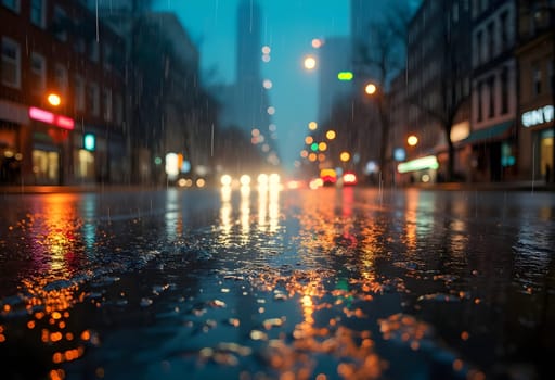 A dynamic shot capturing vibrant city lights reflecting on a wet street after rain, highlighting urban energy and atmospheric beauty.