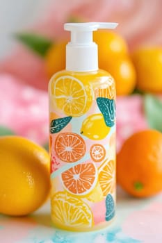 Bright citrus liquid soap in a dispenser decorated with lemons and oranges, highlighting natural and refreshing skincare