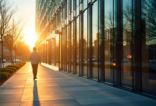 A beautiful golden hour photo capturing a pedestrian walking past a modern glass building, highlighting stunning light and reflections.