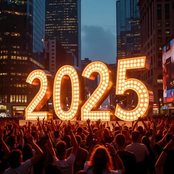 A glowing "2025" sign lights up a bustling city square as cheerful crowds gather to welcome the New Year joyfully.