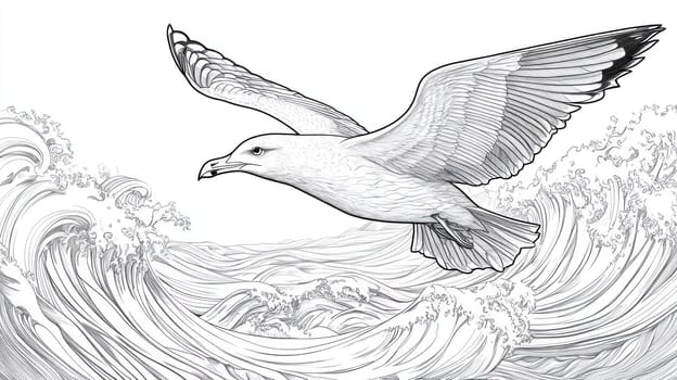 Black and white illustration of a seagull soaring gracefully over stylized ocean waves
