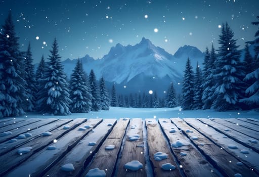 A serene Christmas background featuring snowy wooden planks in front of a mountain forest, with a starry night sky and snowflakes.
