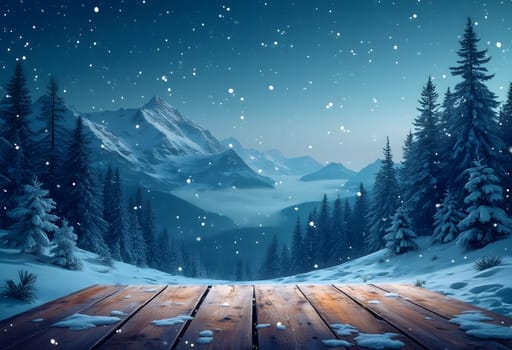 A serene Christmas background featuring snowy wooden planks in front of a mountain forest, with a starry night sky and snowflakes.