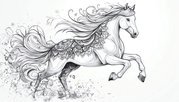 White horse running with long, flowing mane and tail decorated with intricate patterns