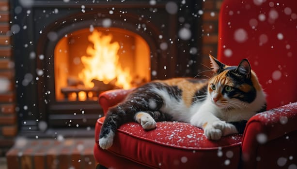 A calico cat relaxes on a red armchair by the fireplace, with warm light glowing as snow falls outside.