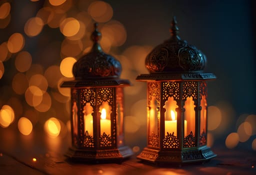 Ornamental Arabic lantern with a burning candle glowing at night, surrounded by golden bokeh lights, ideal for Ramadan greetings.