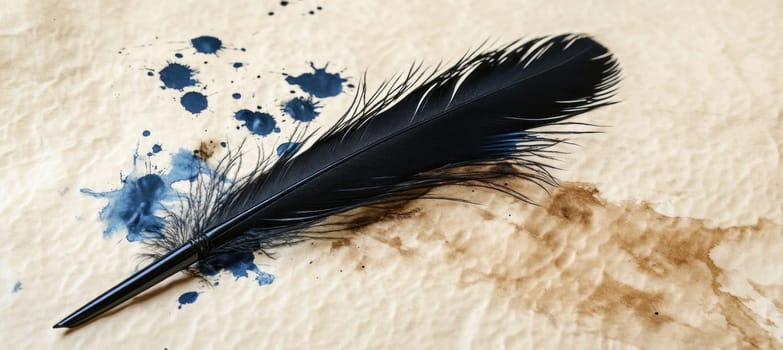 Black feather pen is lying on aged paper with inkblots, creating a vintage or historical atmosphere