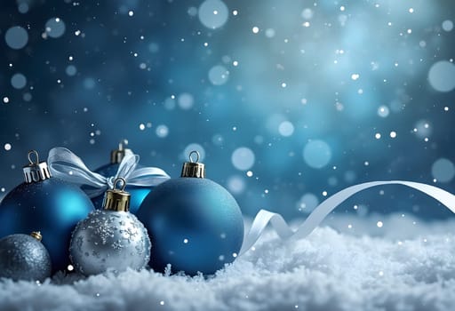 Blue Christmas balls and silver ribbon on snowy abstract background, creating a magical and elegant festive holiday atmosphere.