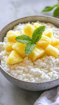 Healthy breakfast or snack with pineapple and mint leaves topping cottage cheese