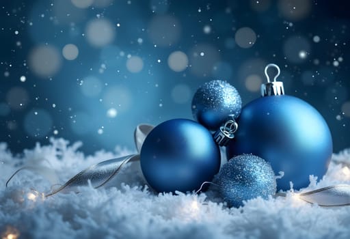 Blue Christmas balls and silver ribbon on snowy abstract background, creating a magical and elegant festive holiday atmosphere.