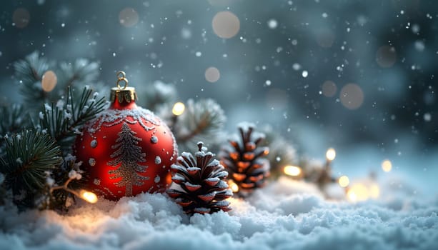 Christmas card showcasing a snowy ornament, pine cones, and glowing lights, creating a cozy and enchanting winter atmosphere.