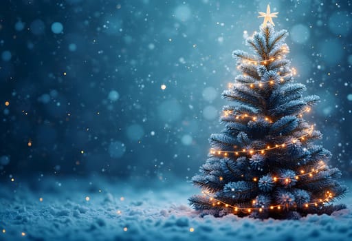 A beautifully decorated Christmas tree with garland lights, set against a snowy background with snowflakes, creating a festive winter scene.