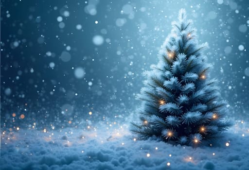 A beautifully decorated Christmas tree with garland lights, set against a snowy background with snowflakes, creating a festive winter scene.