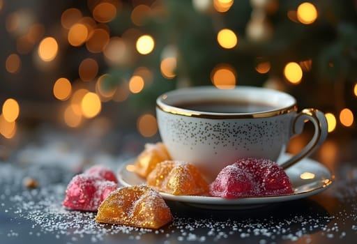 A warm cup of coffee paired with a colorful piece of Turkish delight, set against a festive background with vibrant bokeh lights. Perfect for holiday themes, cozy moments, and seasonal designs.